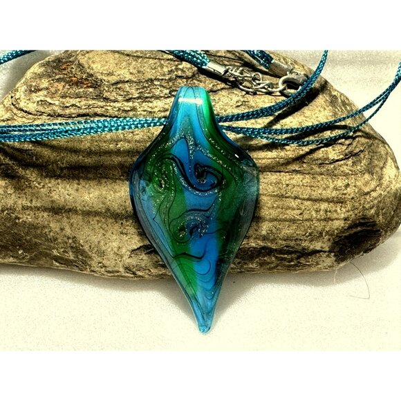 Turquoise Murano Teardrop Lampwork Glass Swirl Pendant Charm Necklace - Picture 1 of 3